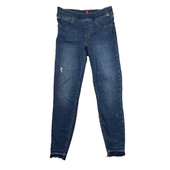 SPANX Denim - SPANX Size M Distressed Ankle Skinny Jeans Medium Wash Pull On Raw Hem Denim